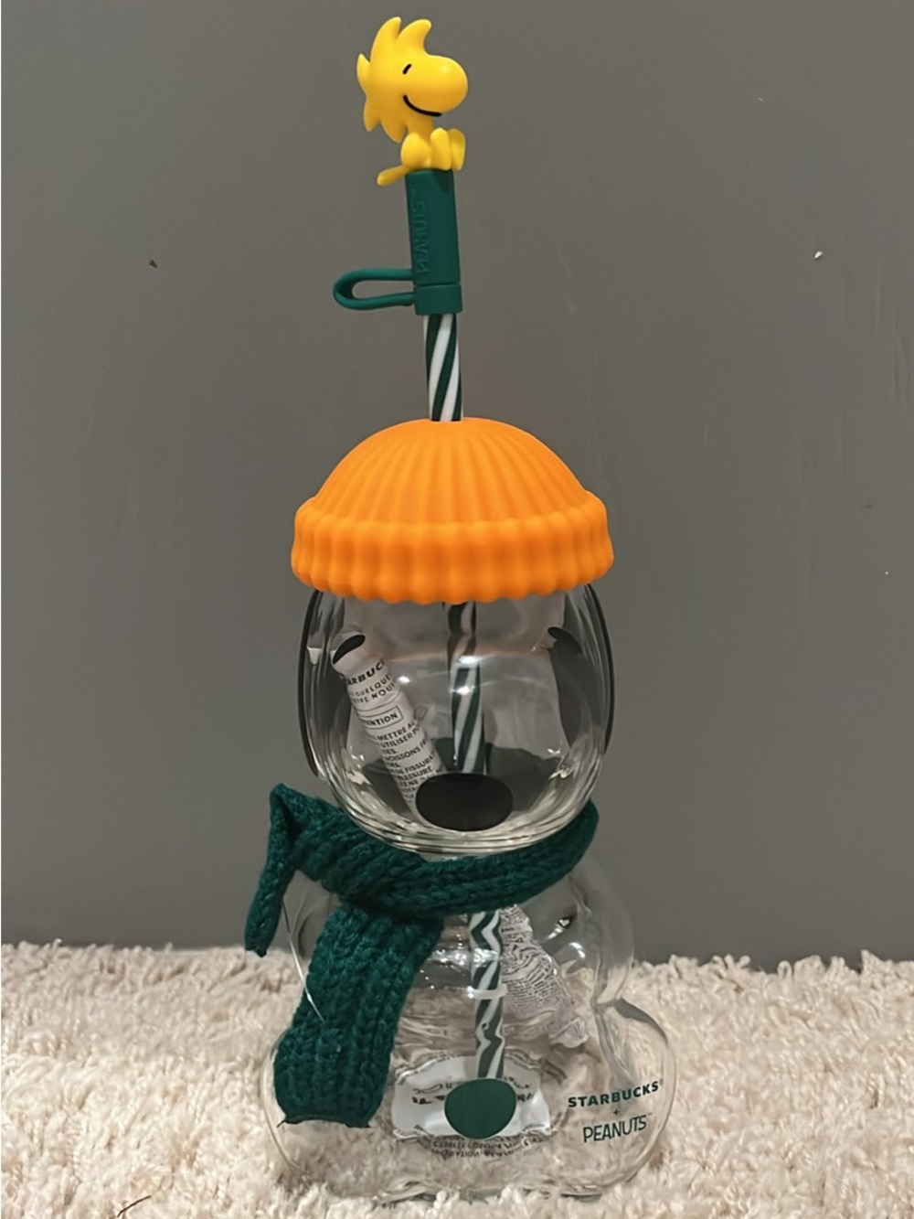 Starbucks glass Snoopy Cup with Orange Beanie and Green Scarf